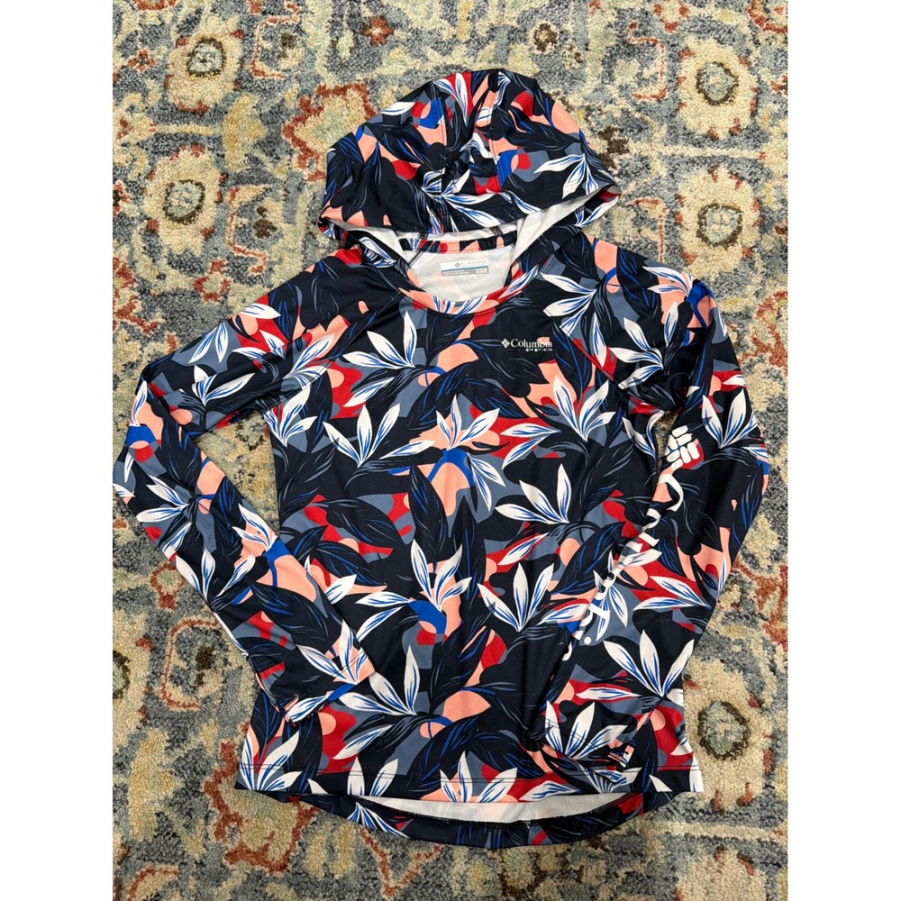 Columbia Hooded Rash Guard Girls 10/12 Navy Floral PFG Swim Shirt EUC